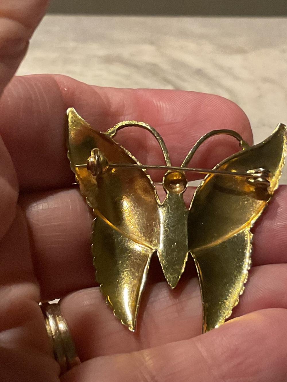 Vintage Butterfly Brooch Victorian style goldtone amber glass stone 1.5” across - Picture 2 of 4